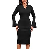 DinyIn Church Dress for Women Elegant Bell Sleeve Bodycon V Neck Business Wear to Work Classy Mid Pencil Dresses with Pocket