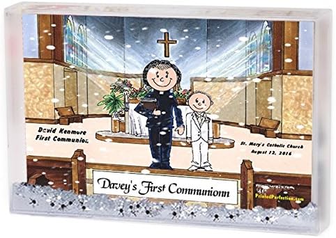 Personalized Friendly Folks Cartoon Snow Globe Frame Gift: Communion, Boy - Female Priest Great for First Communion, ceremony