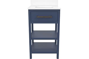REALROOMS Pisa 20 Inch Bathroom Vanity with Carrera Countertop & 2 Storage Shelves, Navy Blue