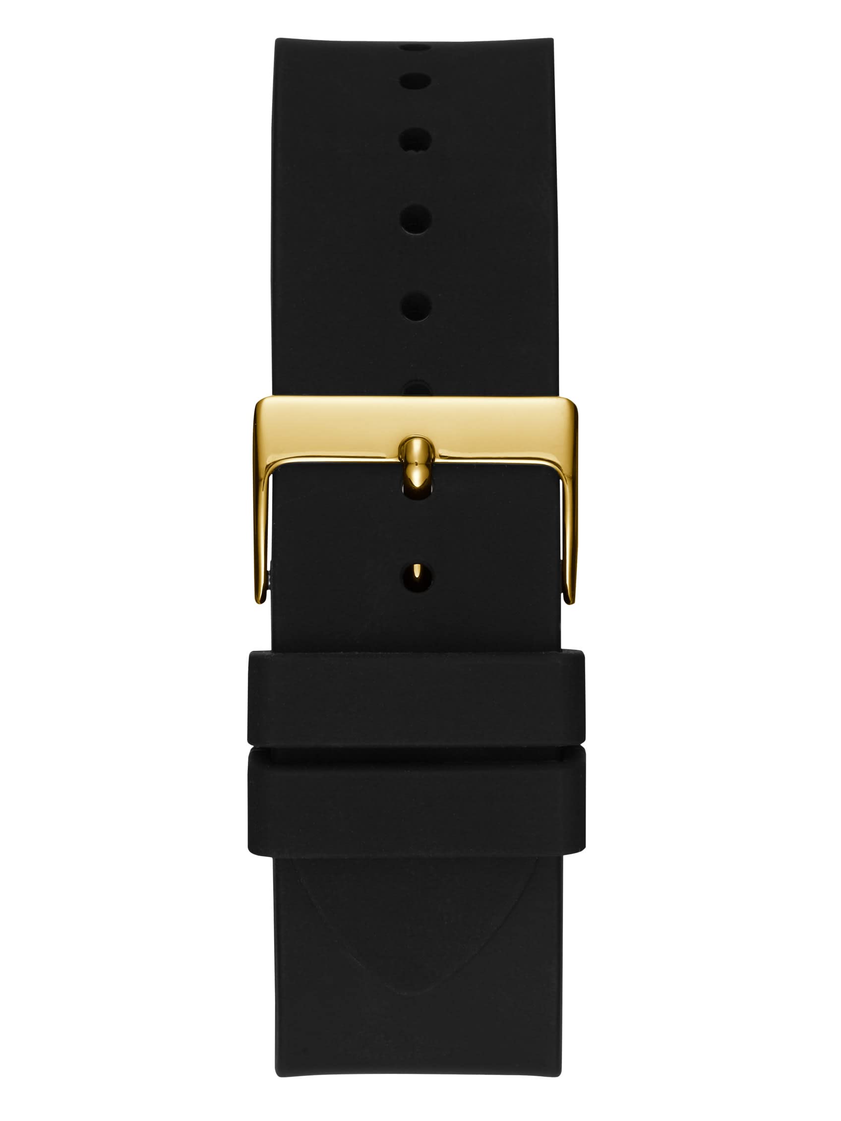 GUESS Comfortable Gold-Tone Black Stain Resistant Silicone Watch with Crystal Embellished Day, Date + 24 Hour Military/Int'l Time. Color: Black (Model: U1132G1)