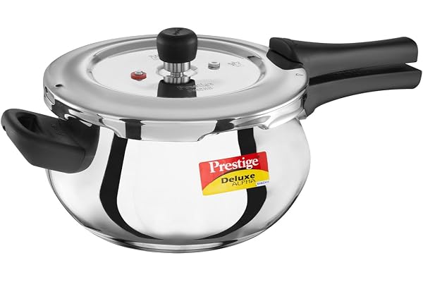 Prestige Deluxe Alpha Svachh Stainless Steel Pressure Cooker with Alpha Base and Deep Lid for Spillage Control, (4.4 L Junior