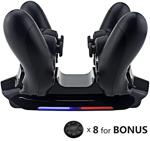 Dinly PS4 Wireless Controller Charger for Playstation 4 / Pro / Slim, Dualshock Charging Dock Station with 8 Silicone Thumb Grips & 4 Dongles, Built-in Intelligent LED Indicator & Easy Charging Ports