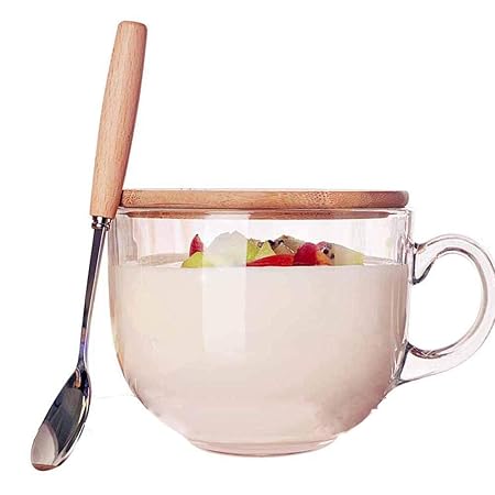 TAMUME 470ml Copa de Cristal para Microondas con Tapa de Madera ...