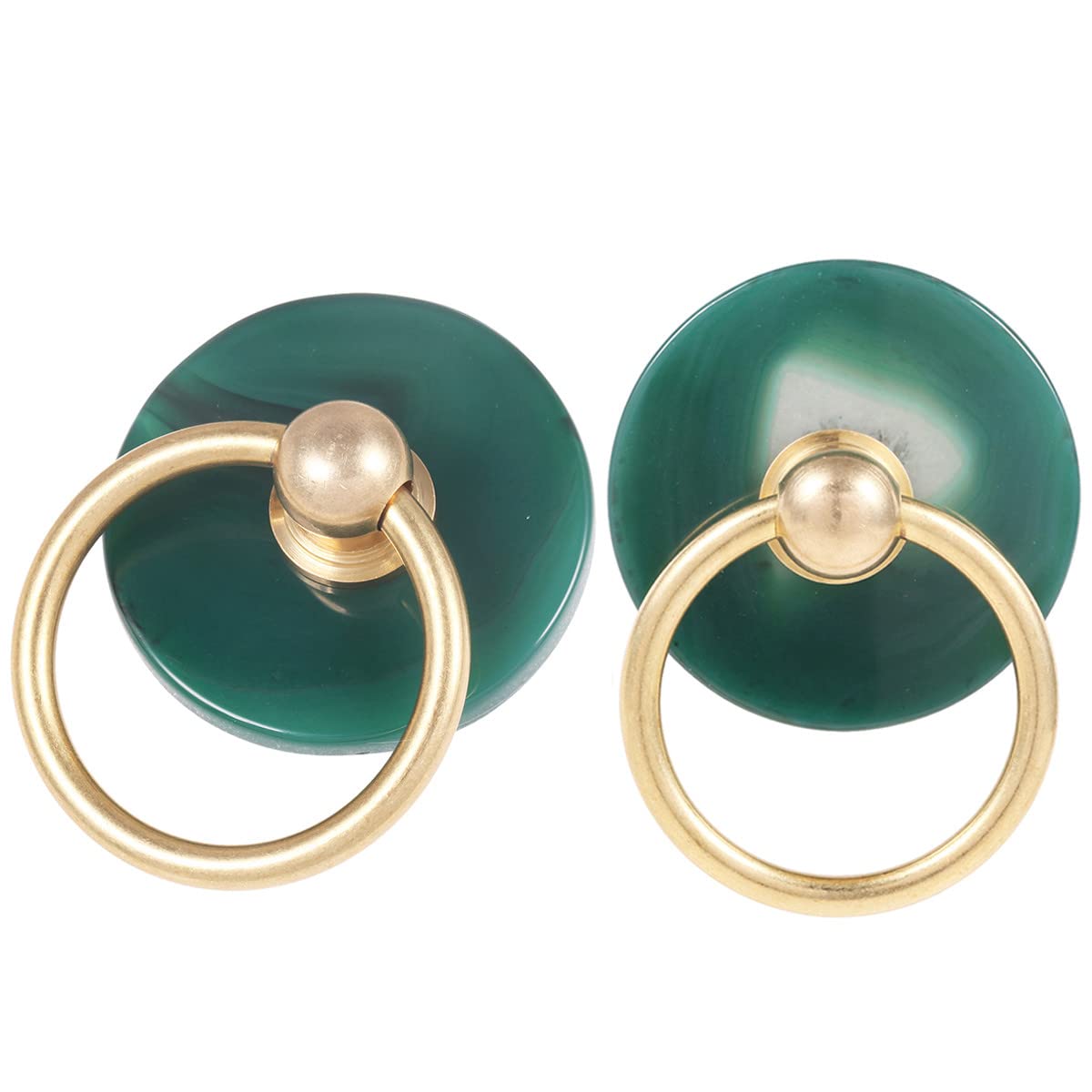 Nupuyai 2pcs Round Stone Green Agate Slice Cabinet Knobs Set, Vintage Drawer Ring Pull Handle Knob for Dresser Wardrobe Decorative