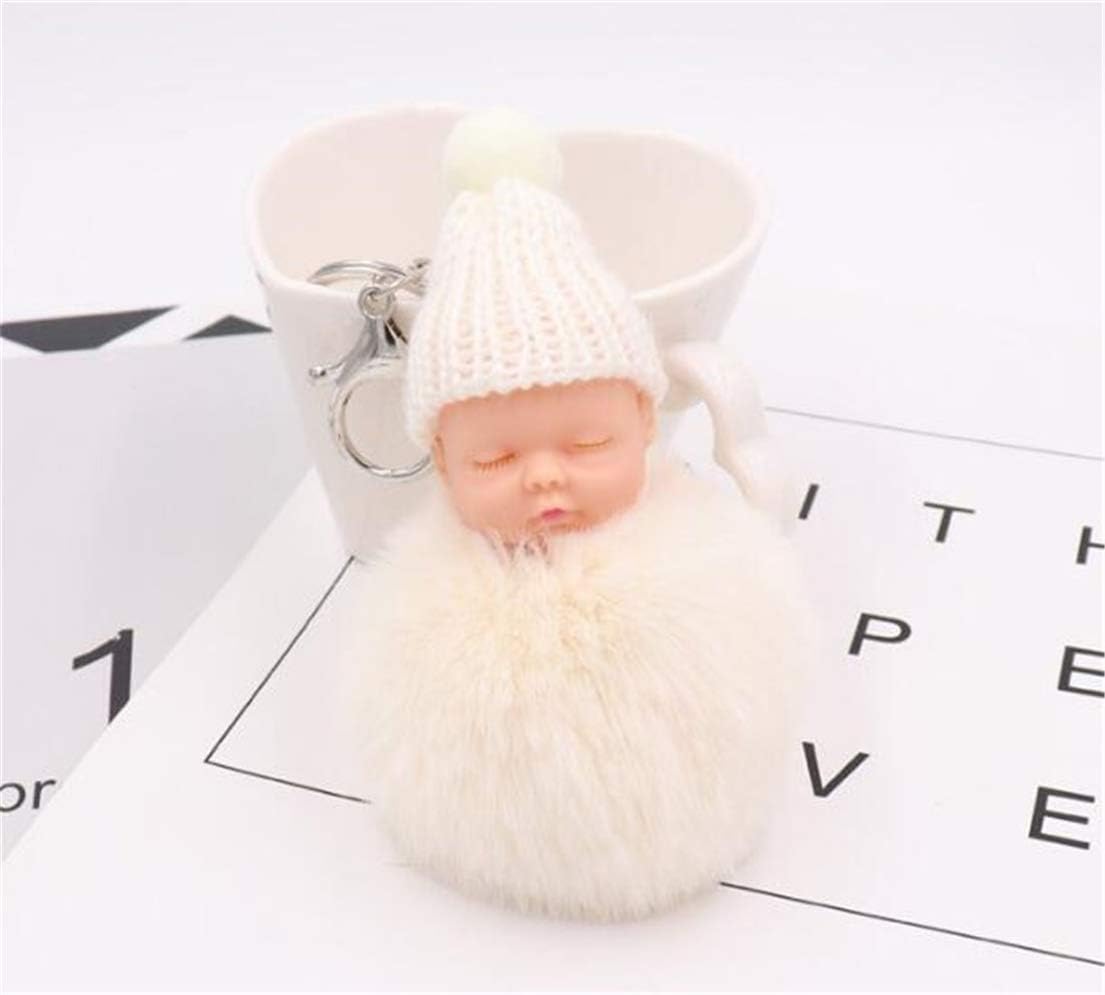 Tmrow Cute Sleeping Baby Plush Faux Fur Ball Pom Pom Keychain for for Car Key Ring Handbag Pendant Charm Gift