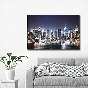 City Skyline - New York City Manhattan Skyline Panorama at Night Over Hudson - 12x18