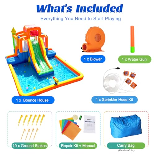 HuaKastro Giant Water Slide & Bounce House for Big Kids, 3 Climbing Routes Race to the Tall Slide, Dry Jumping Area, 4-Sprayer Water Fun and Big Splash Pool, Backyard Waterpark for Kids Party