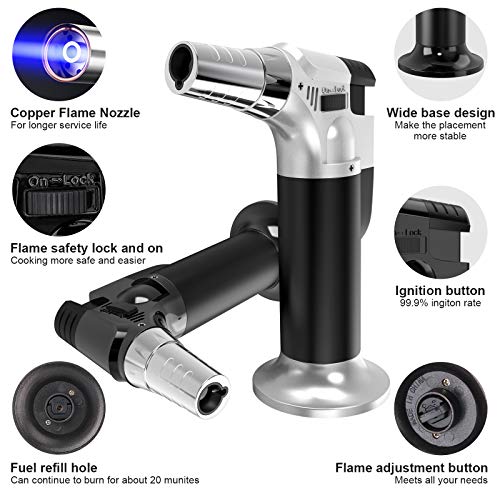 2 Pack Butane Torch, Culinary Blow Torch Lighter, Refillable Kitchen Cooking Torch with Safety Lock & Adjustable Flame for BBQ, Creme Brulee, Baking, Crafts (Butane Gas not Included) (Black/Sliver)
