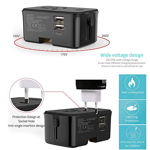 40000KM Travel Adapter with Wireless Charger Pad Universal All-in-one Plug Charger Adapter For 1500W High Power Appliances Dual Smart USB Port SW6207 (Black)