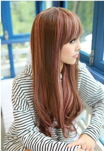 TEEMI-Two Tone Long Stunning Fashion Highlights Cosplay Brown Mixed Pink Wigs