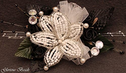 Black and white BEADED lily wrist Corsage with roses, beads, and rhinestones. Also sold with matching boutonniere. Other colors offered in my Amazon store!