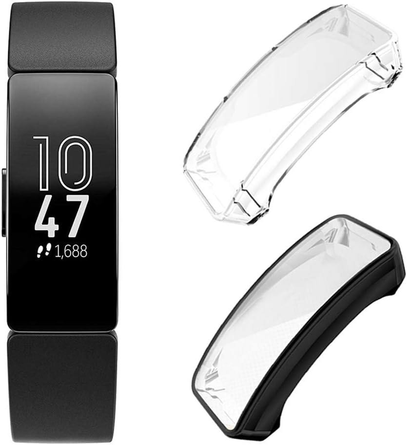 Leotop[2 Pack] Compatible with Fitbit Inspire/Fitbit Inspire HR Screen Protector, Soft TPU Plated Protective Case Full Cover Rugged Bumper Lightweight Frame Accessories Shatter Resistant(Black+Clear)