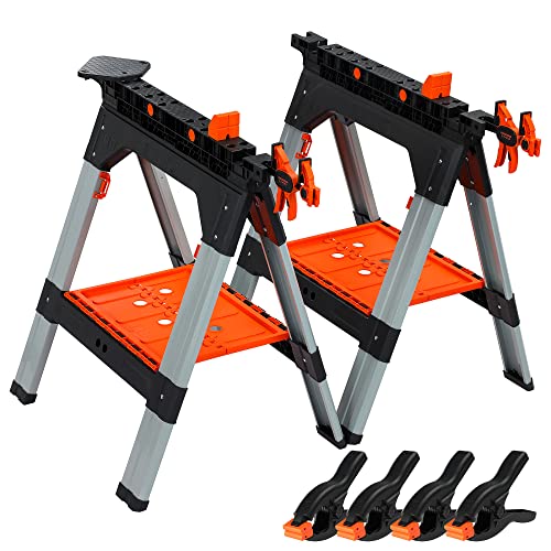 PONY 2-Pack Clamping Sawhorses, 1200 LBS Load Capacity, 30-3/4" Folding Sawhorse with 12” F Clamps, Bench Dogs, Angle Clamps, 2" Spring Clamps, Steel Legs, Heavy Duty for Woodworking