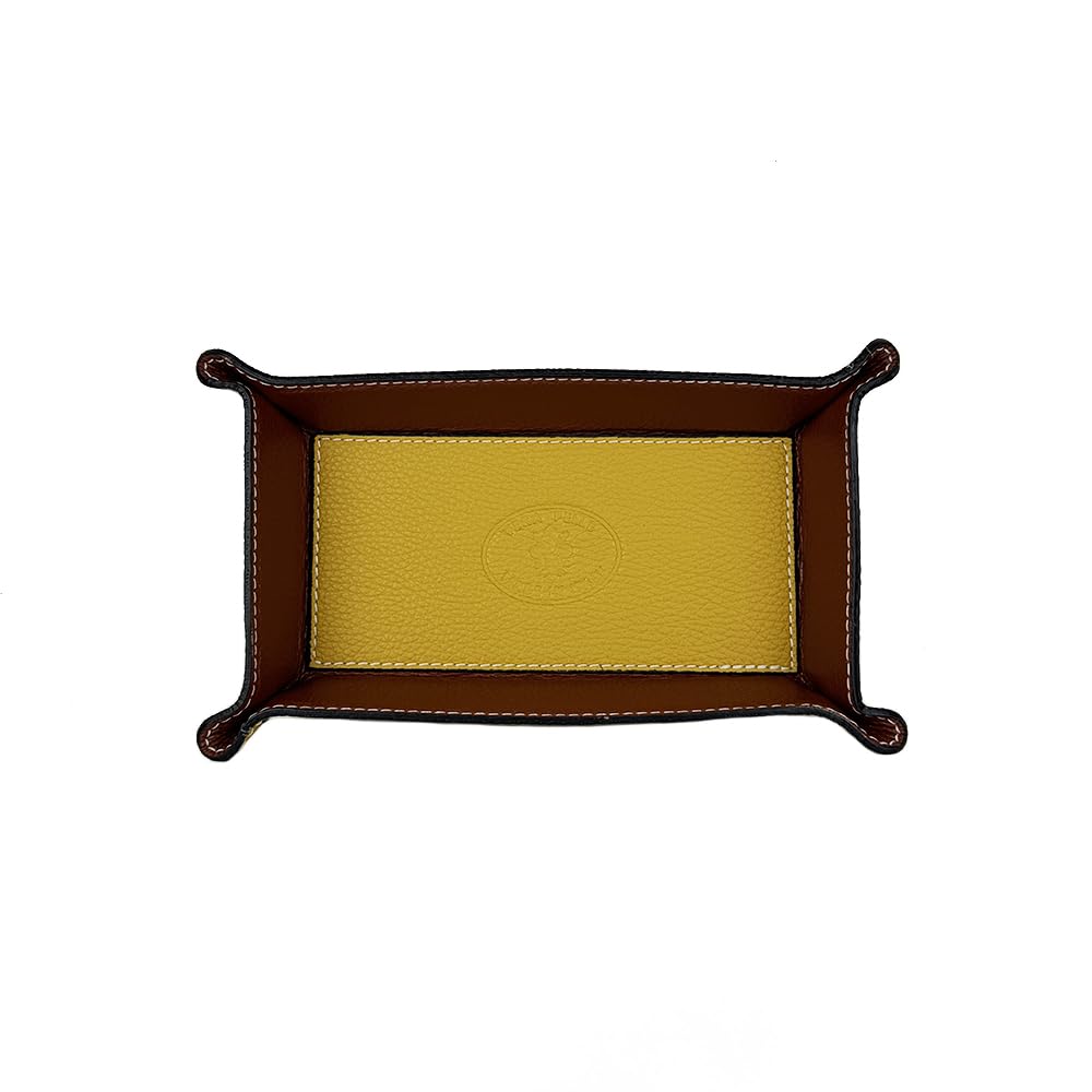 FrasiBags Modern Design Genuine Leather Tray Made in Italy, Entrance Storage Tray, Empty Entrance Pockets Organizer Desk Organizer Medium Rectangular (Senape/Brown)