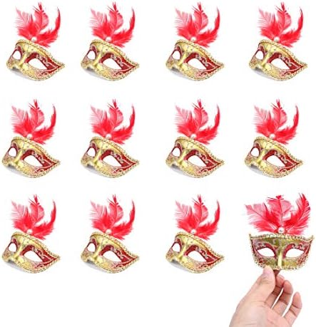 Hophen 24 Pieces Decorative Mini Masquerade Mask Party Decorations Luxury Feather Mardi Gras Venetian Mask Party Favors (Red)