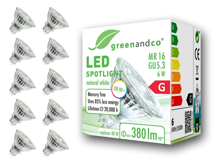 greenandco® CRI 90+ 4000K 36° LED spot Replaces 40 Watt GU5.3 MR16 Halogen Spotlight, 6W 380 Lumen Neutral White 12V AC/DC, not dimmable, 10-Pack