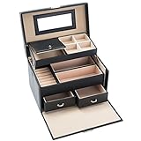 Black Jewelry Box Lockable Mirrored Storage Organizer Travel Case Faux Leather and Beige Velvet