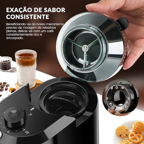 Moedor de Café Elétrico Burr 220V, Com 28 Configurações Ajustáveis, Triturador de Cafe, 2 A 12 Xícaras, Preto