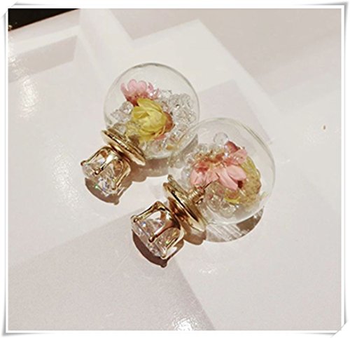 Earrings - Stud Earrings, Real Dried Flower Earrings, Bridesmaid Gift,Pink and Yellow Flower Rhinestone Earrings Real Flower Jewelry Hand-make
