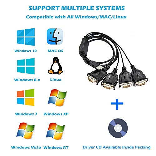 TECHTOO 4 Port Professional FTDI CHIP USB to RS232 Serial Cable DB9 Serial Adapter Converter 9-Pin Male to Male with Hexnuts (Renewed)