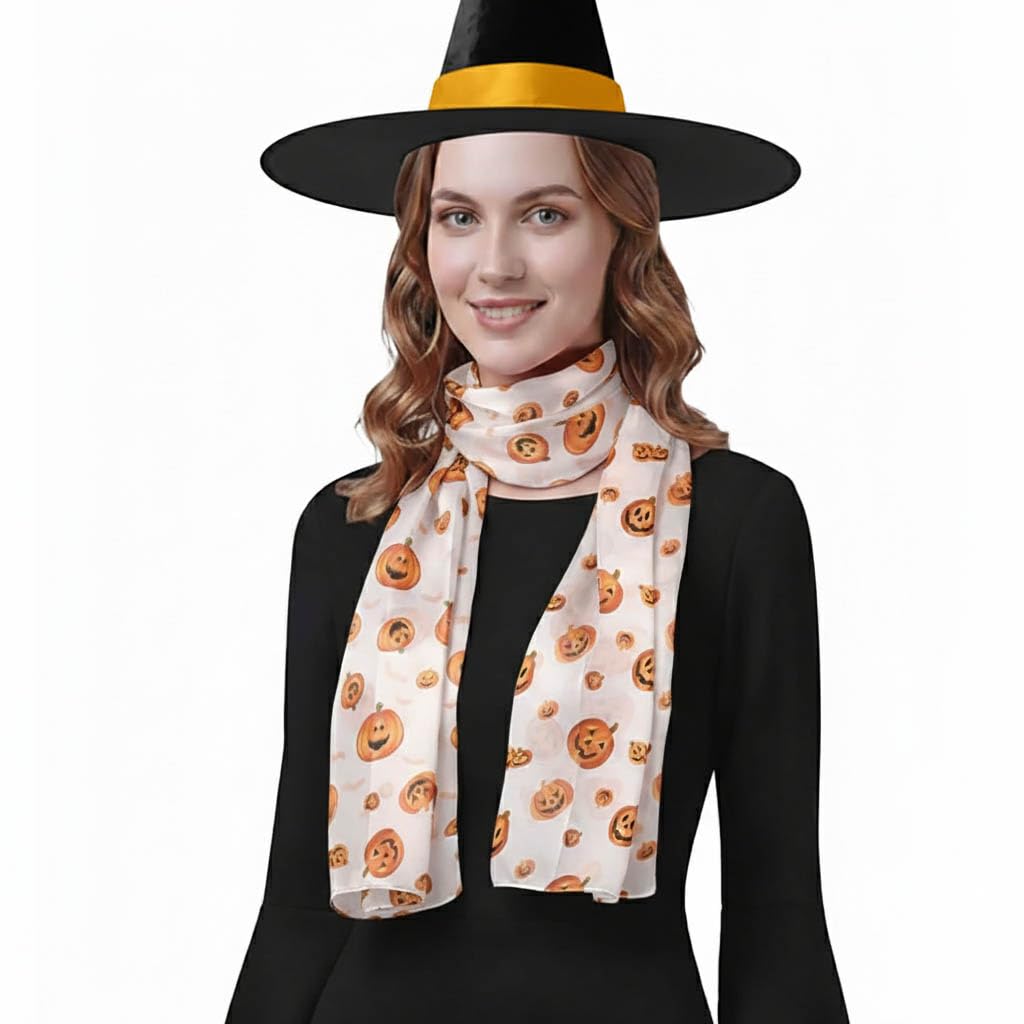 Basic Sense Satin Halloween Scarf with Jack O'Lantern Bat pumpkin Motif, 30 - White