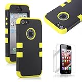 ATC Masione(TM) Hard Impact Resistance Case Rubberized Silicone Hybrid Case Cover with Kickstand For Apple iPhone 5 5G With Screen Protector & Stylus Pen (Black+Yellow)