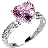 AZQ 925 Sterling Silver Shiny Full Diamond Ring 18K Gold Cocktail Rings Heart Cut Pink Cubic Zirconia Promise Rings CZ Heart Diamond Eternity Engagement Wedding Band Ring for Women TZ.117