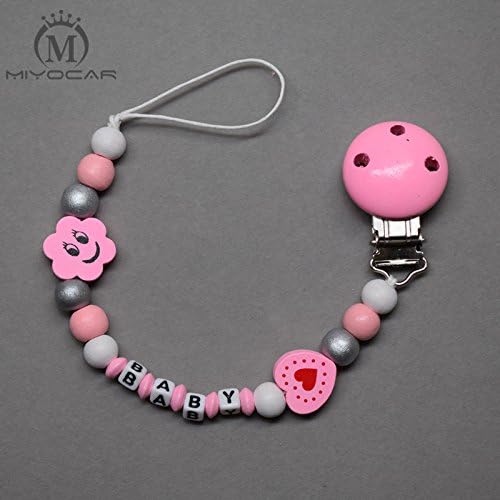 MIYOCAR Personalised Any name smile sun wooden beads with pink heart dummy clip holder pacifier clip soother chain teether clip