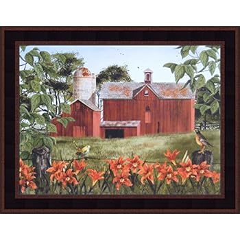 Home Cabin Décor Summer Days by Billy Jacobs 15x19 Red Barn Robin Tiger Lilies Flowers Birds Fencepost Framed Folk Art Print