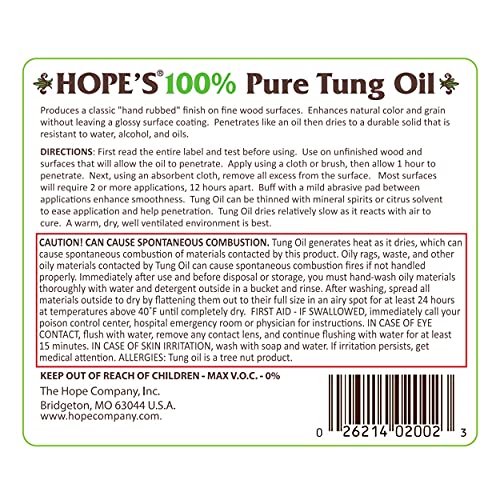 HOPE'S 100 Pure Tung Oil, Waterproof Natural Wood Finish and Sealer