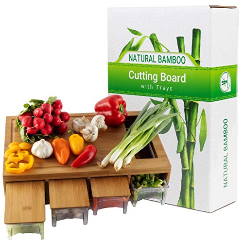 Large bamboo cutting board with trays/drawers/container and bamboo lids, Chopping board with juice grooves, handles & food sliding opening, cutting board with 4 trays for easy food prep and cleanup