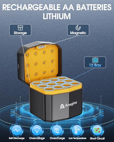 Anegine Rechargeable AA Batteries Lithium 12 Pack with Fast Charger,3600mWh 1.5V High Power AA Lithium ion Batteries,Constant Output Li-ion AA Batteries Cycle Times up to 2000+Cycle Times (Blue)
