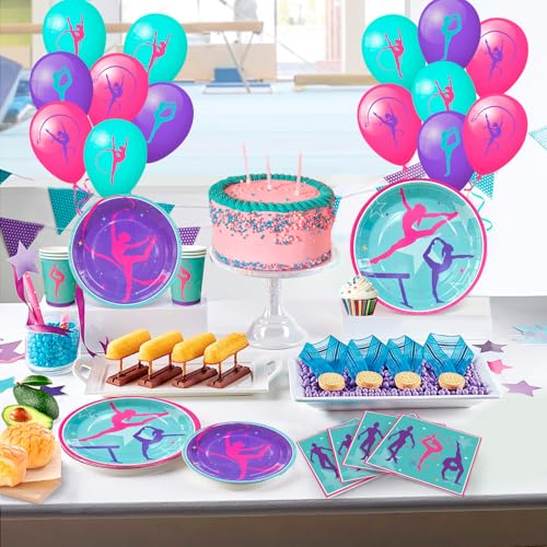 104pcs Gymnastics Party Decorations, Tableware & Gymnastics Birthday Party Decoration – Banner of Gymnastics Balloons Plate Tablecloth etc Supplies for Gymnastics Birthday Parties