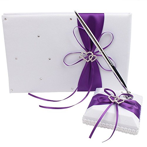 Youzpin 2Pcs Romantic Wedding Ceremony Party Favor Sets, Double Heart Rhinestone Decor Wedding Guest Book +Pen Set for Elegant Wedding Birthday Party Baby Shower Wedding Decoration Supplies