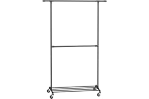 SONGMICS Heavy-Duty Clothes Rack, Industrial Double Rod Metal Clothing Rack for Hanging Clothes, Rolling Garment Rack on Wheels, Adjustable, Commercial Display, Black UHSR62BK