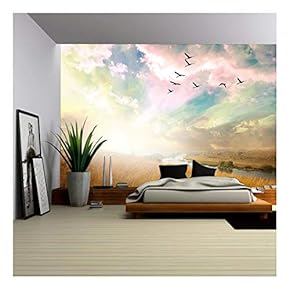 Green Field of Grass and Flying Birds - Removable Wall Mural | Self-Adhesive Large Wallpaper - 66x96 inches