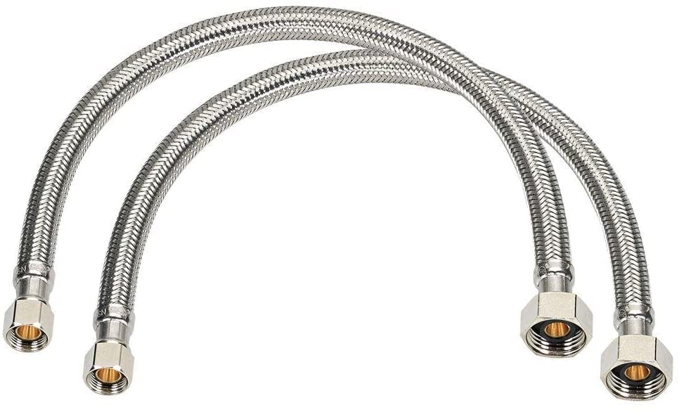 Photo 1 of 2 Pieces XFITTING 3/8" Comp x 1/2" FNPT Faucet Supply Hose Line, 18" Long, Braided Stainless Steel