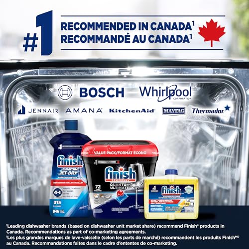 Finish Quantum Ultimate Dishwasher Detergent Pods, 3-Chamber Formula with Powerball, 2X Grease Fighting*, 24H Dried-On Stains, Deep Clean, Virtually Spotless Shine, No Pre-Rinse, 72 Tabs