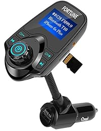 Fortuna transmisor FM para coche receptor Bluetooth para coche, reproductor de mp3 con micrófono ranura para tarjeta TF AUX IN OUT Cargador USB Kit de coche móvil de transferencia música llamada  Navegación para Coche Radio FM visualización de 1.44