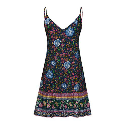 CCatyam Plus Size Dress for Women, Sleeveless V Neck Boho Print Backless Sexy Loose Mini Beach Fashion Blue