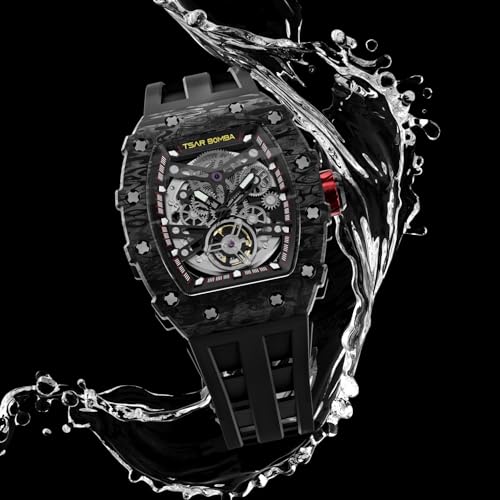 TSAR BOMBA Watch for Men, 50M Waterproof Automatic Mens Watch, Skeleton Mechanical Tonneau Big Face Dial Black Watch with Silicone Watch Bands, Gifts for Men