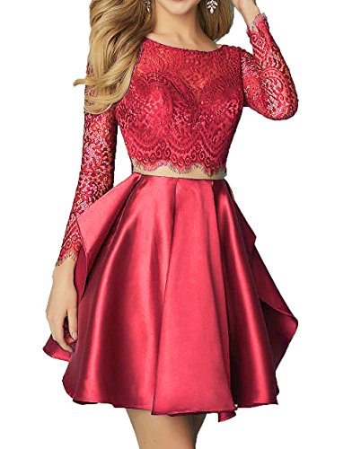 Still Waiting 2 Pieces Lace Homecoming Dresses Short with Long Sleeves Beaded Prom Party Gowns C038