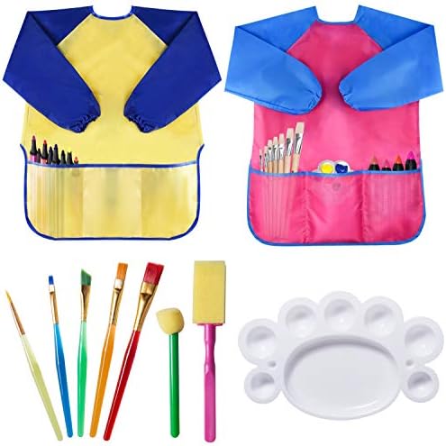 Pack of 2 Children's Art Smocks, Waterproof Artists Painting Aprons Long Sleeve with 3 Pockets for Age 2-6 Years by Bassion (2 Pack(7 brushes))