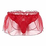 FEESHOW Men's Jockstrap Lace Briefs SISSY POUCH Underwear Ruffle Skirted Crossdress Panties Red Large