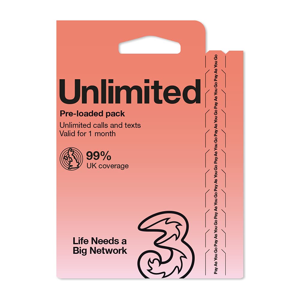 Three by Three Mobile Data Pay As You Go SIM, Unlimited