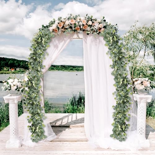 ROLLWAY Pack of 2 Eucalyptus Garland, Artificial Garland Plant, 1.8 m, Hanging Green Leaves, Decoration with White Flowers, Silver Dollar, Eucalyptus Vine, for Background, Wedding, Arch, Grey Green