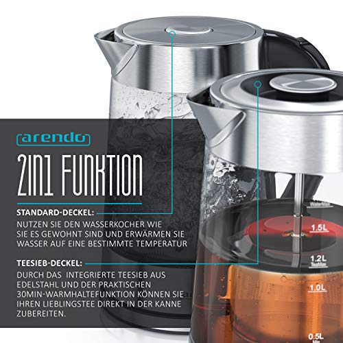 Arendo - Glas Wasserkocher mit Temperatureinstellung und Teesieb Teekocher - Einstellbare Temperaturen 40, 70, 80,100 Grad - 1,7 Liter - Abschaltautomatik - Warmhaltefunktion – Bild 6