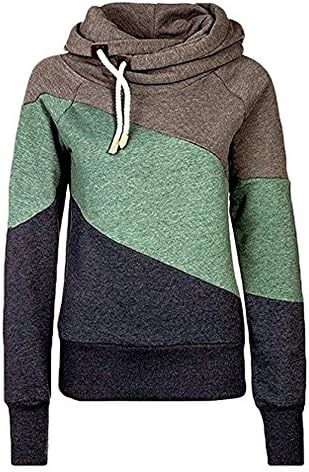 Women Winter Fashion Oblique Drawstring Turtleneck Hoodies Contrast Colors Hooded Pullover Basic Sport Sweatshirt Tops Pullover