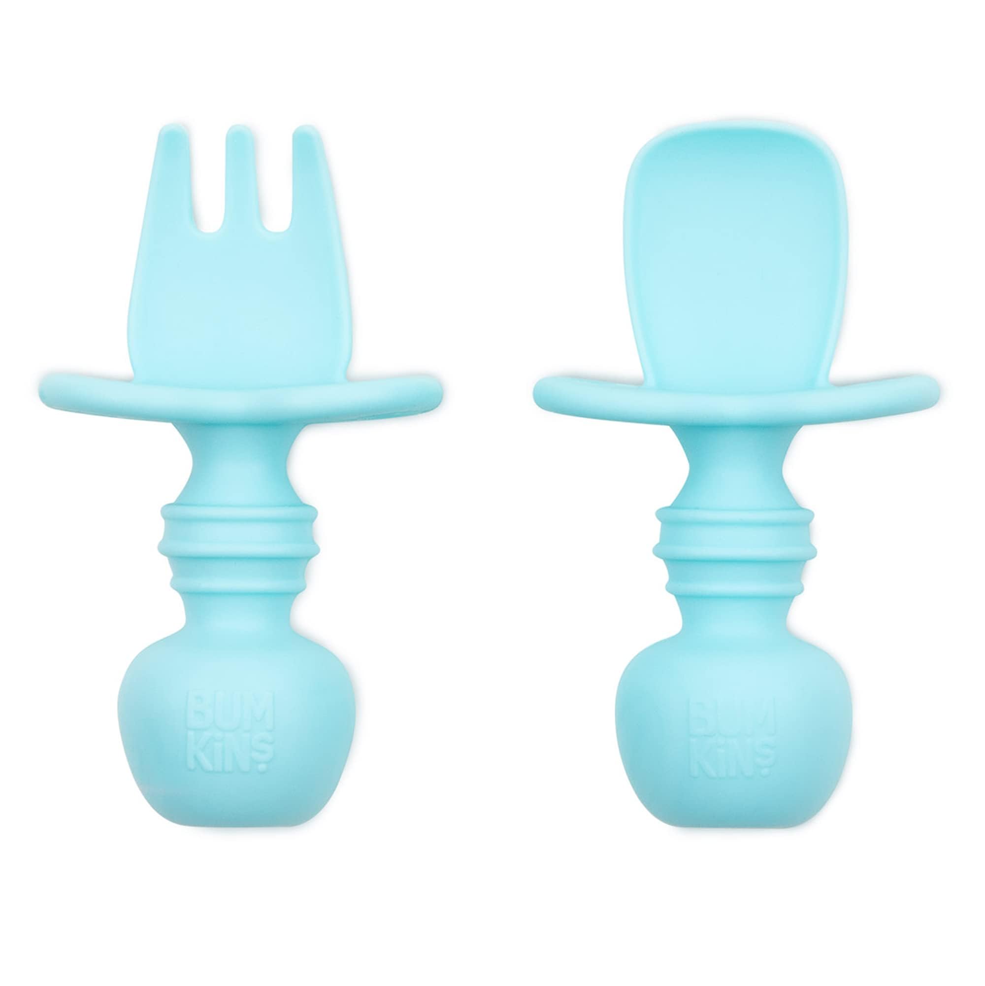 Bumkins Chewtensils, 100% Silicone Baby- Led Weaning Cutlery - Fork and Spoon Pair, 6 Months+, Light Blue