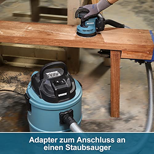 Exzenterschleifer Akku, WESCO 18V 2.0Ah Schleifmaschine Ø 125mm mit Akku, Staubfangbehälter, Ladegeräte, 6 Leistungsstufe von 3000 bis zu 11000/min, 12PCS Schleifpapier, Polierschwamm